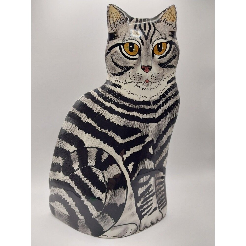 Nina Lyman Black White Striped Ceramic Cat Figurine Approx 12in Tall Collectible
